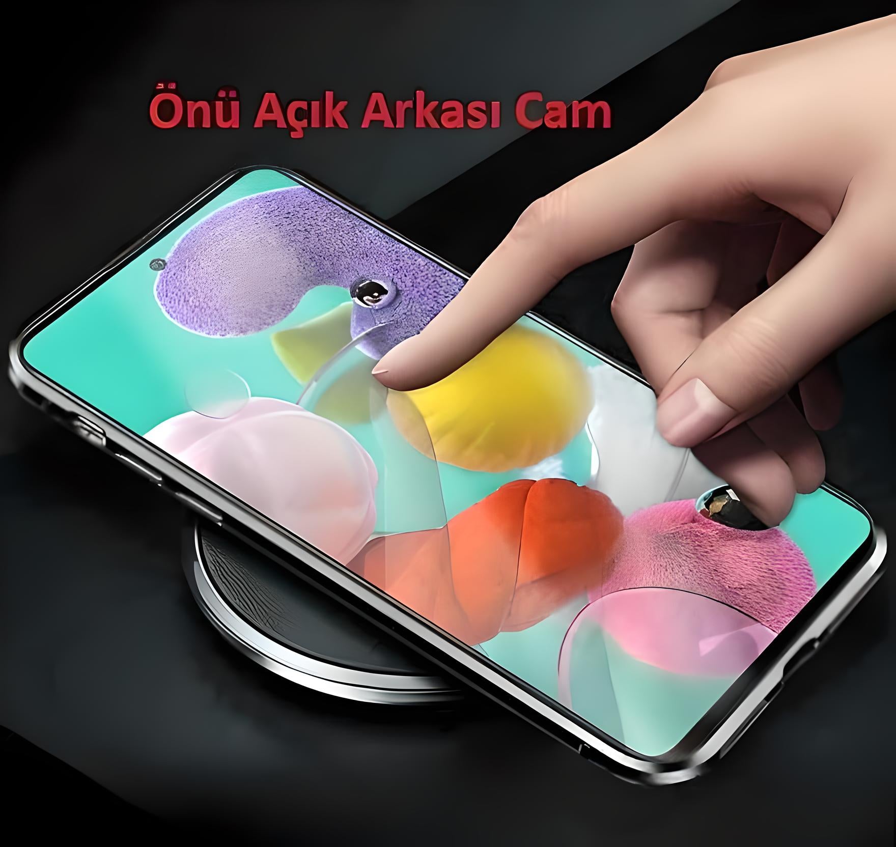 Samsung Galaxy C9 Pro Uyumlu Kılıf Önü Açık Arkası Temperli Camlı Manyetik Adsorpsiyon Darbeye Dayanıklı Kapak