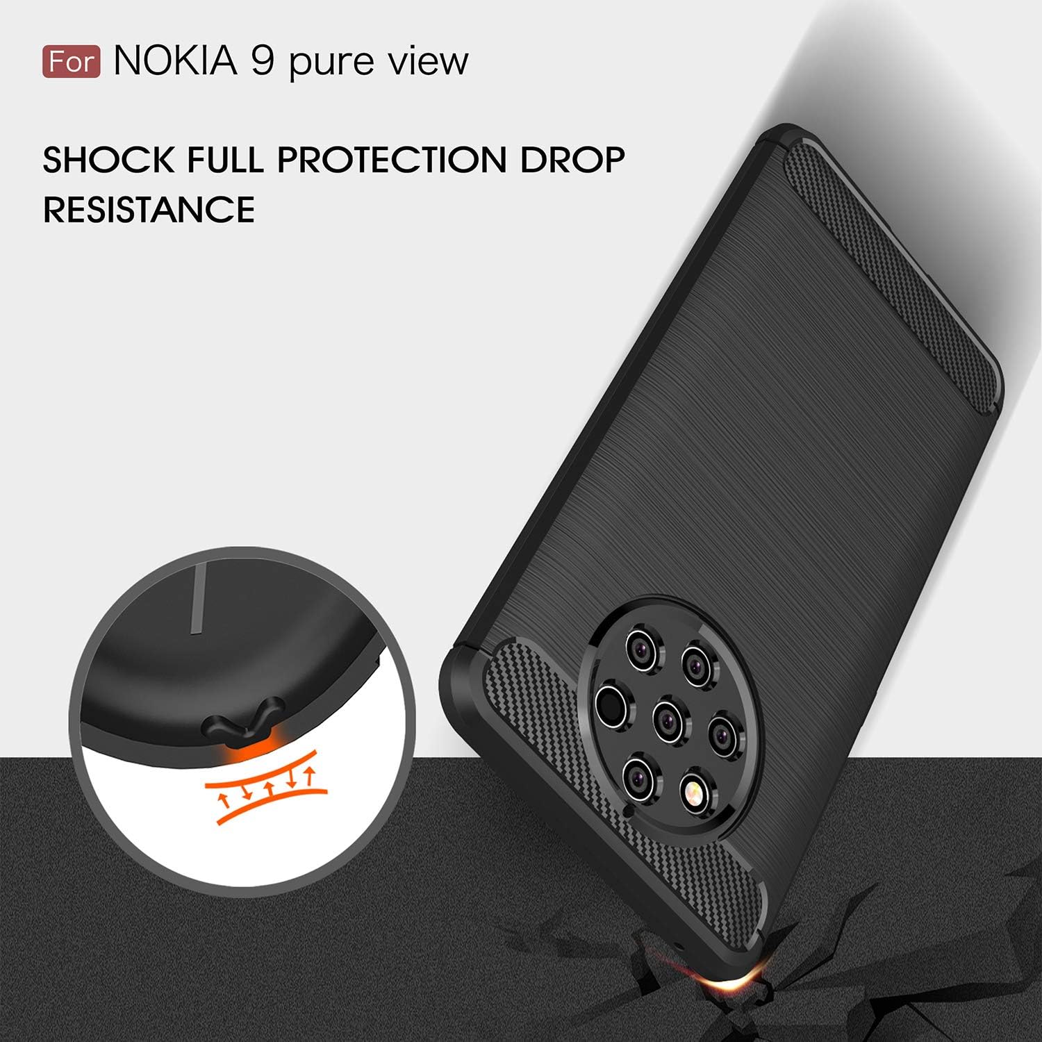 Nokia 9 Pureview ile Uyumlu Kamera Korumalı Darbe Önleyici Carbon Brushed Silikon Kılıf